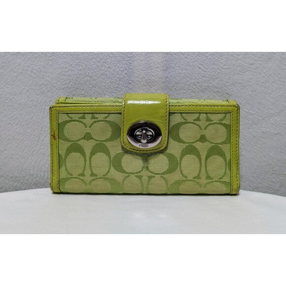 Coach Handbags - Coach Signature Canvas Patent Leather Turn Lock Long Wallet Lime Green Silver